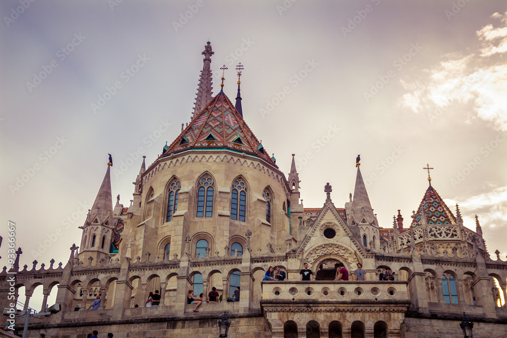Budapest, Hungary - September 19, 2015: People visit the Fisherman's Bastion in Budapest, Hungary at sunset time
