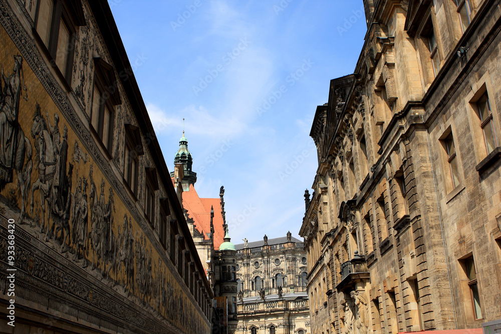 Procession of Princes (Furstenzug) and old buildings in Dresden, Germany