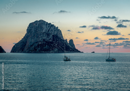 Picturesque sunset over mysterious island of Es Vedra. Ibiza