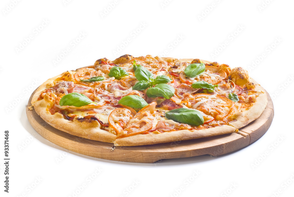 Pizza with ham on white background
