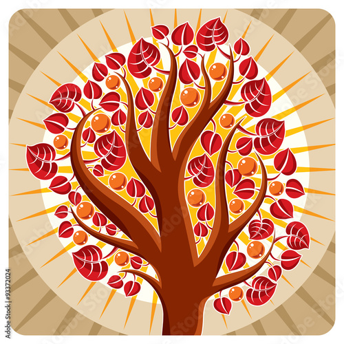 Tree with ripe apples placed on stylized background, harvest sea