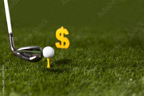 Targeting money with golf club and ball on green grass