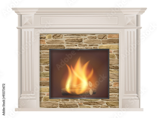 Classic fireplace  with pilasters and a furnace with raw stone inside. The element of the interior living room. Vector illustration.