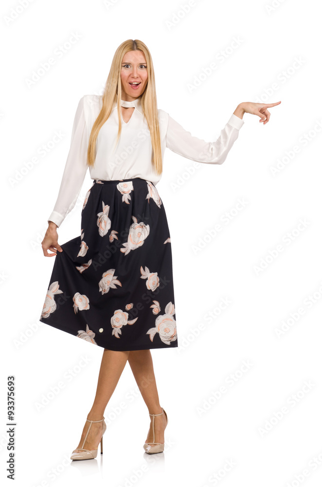 Pretty girl in black skirt with flowers isolated on white