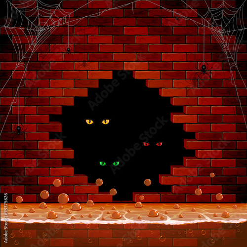 Eye in the hole of the brick wall
