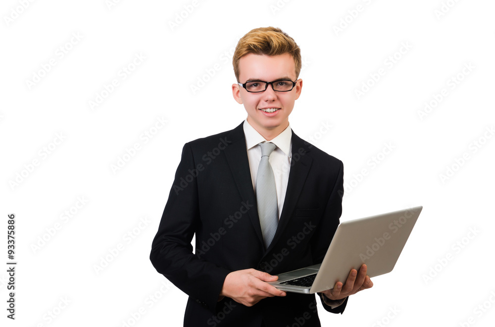 Young businessman with laptop isolated on white