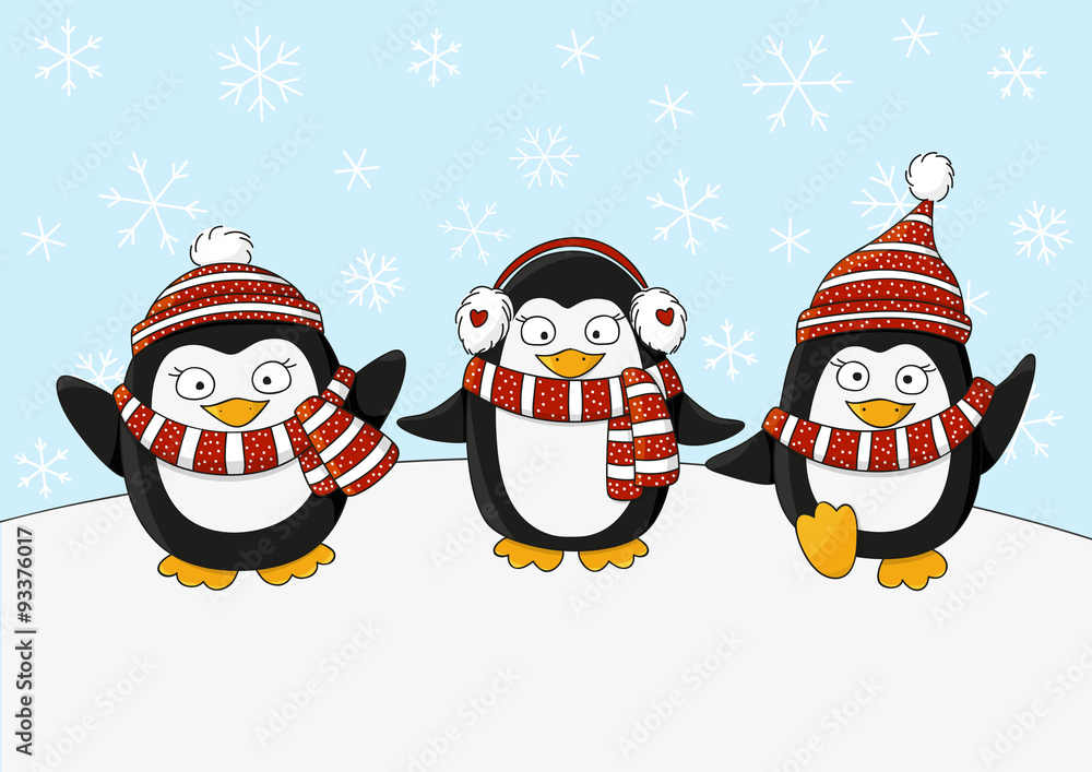 Fototapeta premium Cute penguins on snow background 