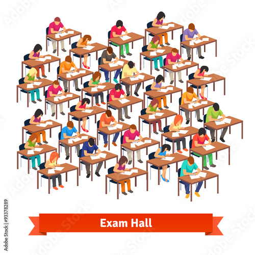 Exam classroom full of students writing a test