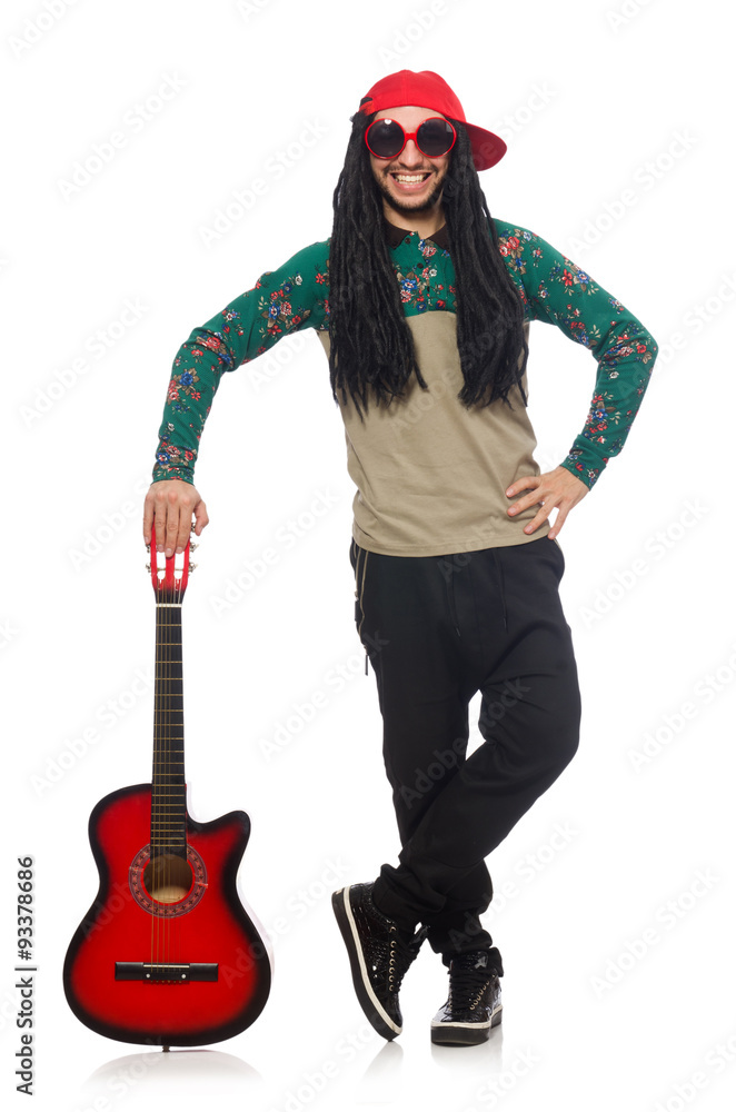 Naklejka premium Man with guitar in musical concept on white