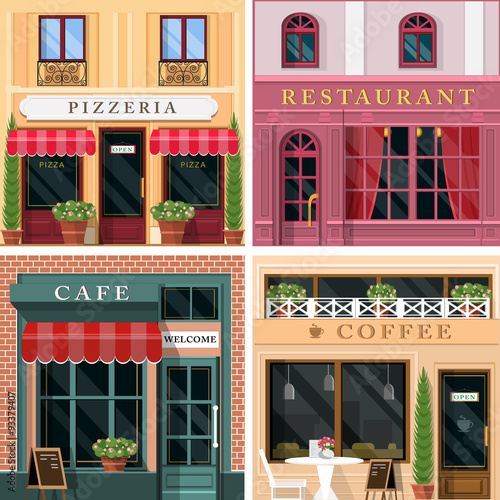 Set of vector detailed flat design restaurants and cafes facade icons.
Cool graphic exterior design for restaurant business.