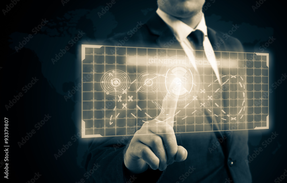 The businessman pressed a button on the high-tech display The businessman pressed a button on the high-tech display