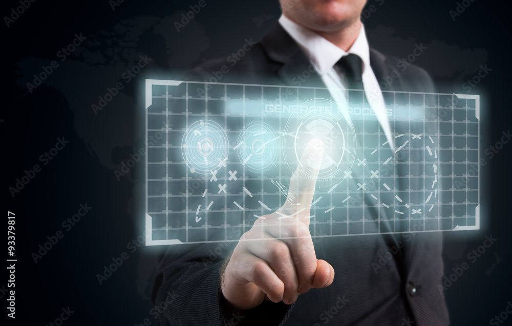 The businessman pressed a button on the high-tech display The businessman pressed a button on the high-tech display