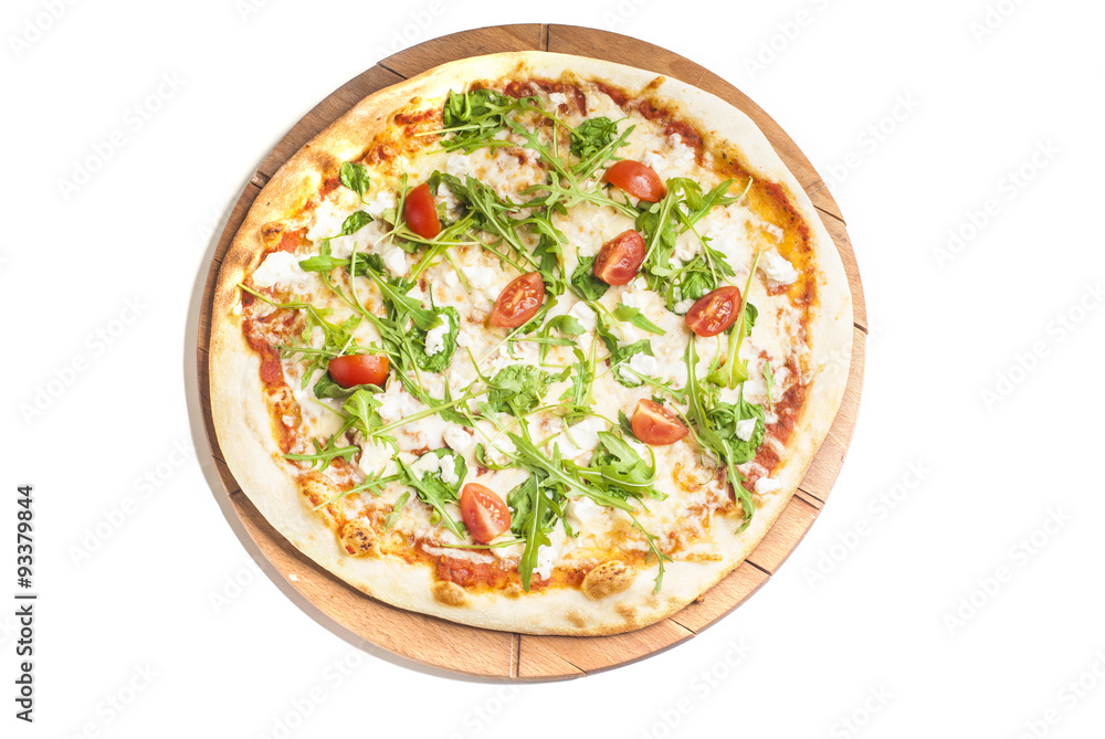 vegetarian pizza with tomatoes, arugola and gorgonzola cheese on white background
