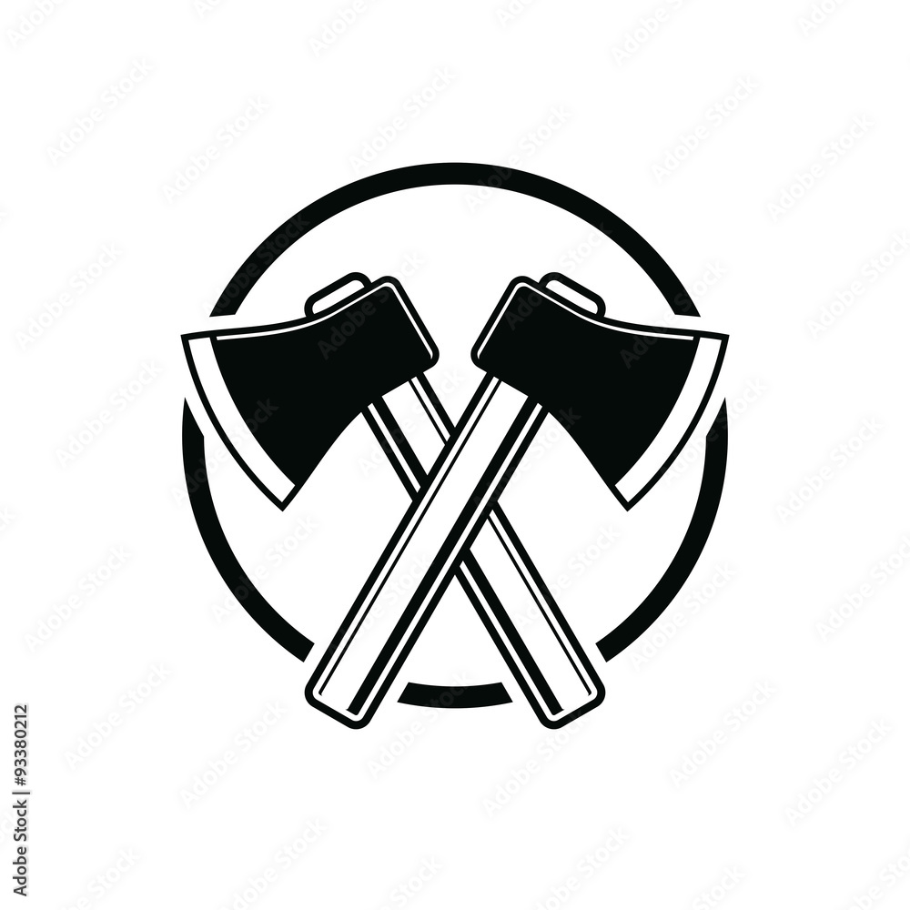 Two sharp axes crossed. Woodcutter tool, vector simple hatchet Two sharp axes crossed. Woodcutter tool, vector simple hatchet