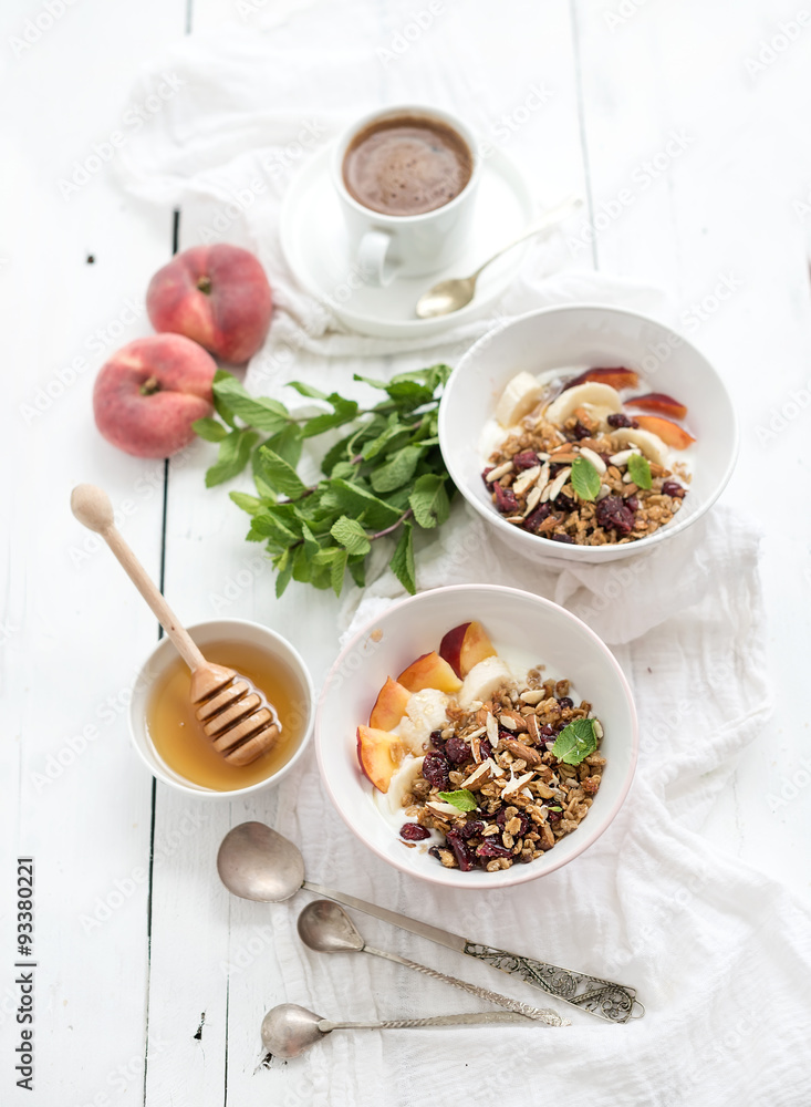 Healthy breakfast. Bowl of oat granola with yogurt, fresh fruit