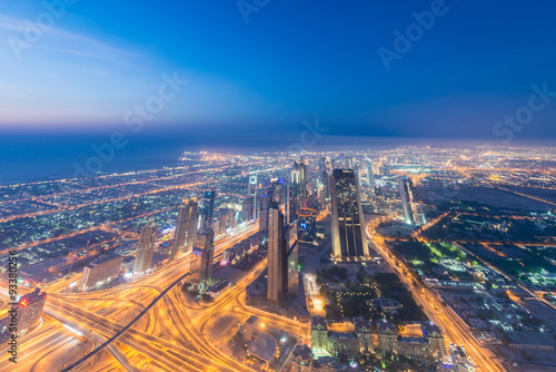 Panorama of night Dubai during sunset