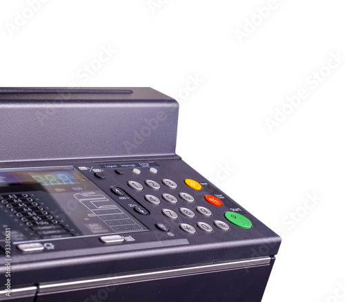 The control panel of the big black printer on white background photo