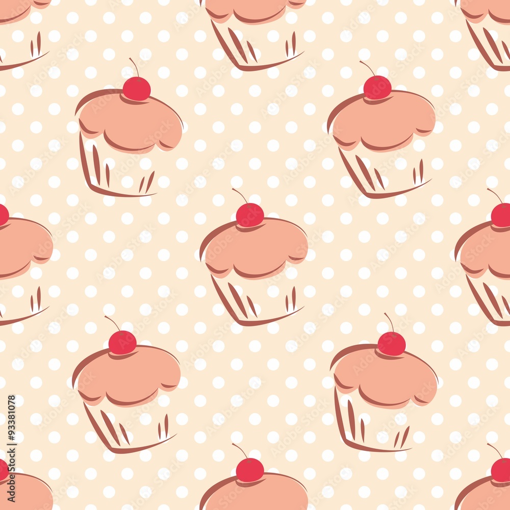 Tile vector pattern with cherry cupcakes and white polka dots on pink background Tile vector pattern with cherry cupcakes and white polka dots on pink background