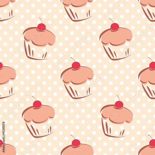Tile vector pattern with cherry cupcakes and white polka dots on pink background