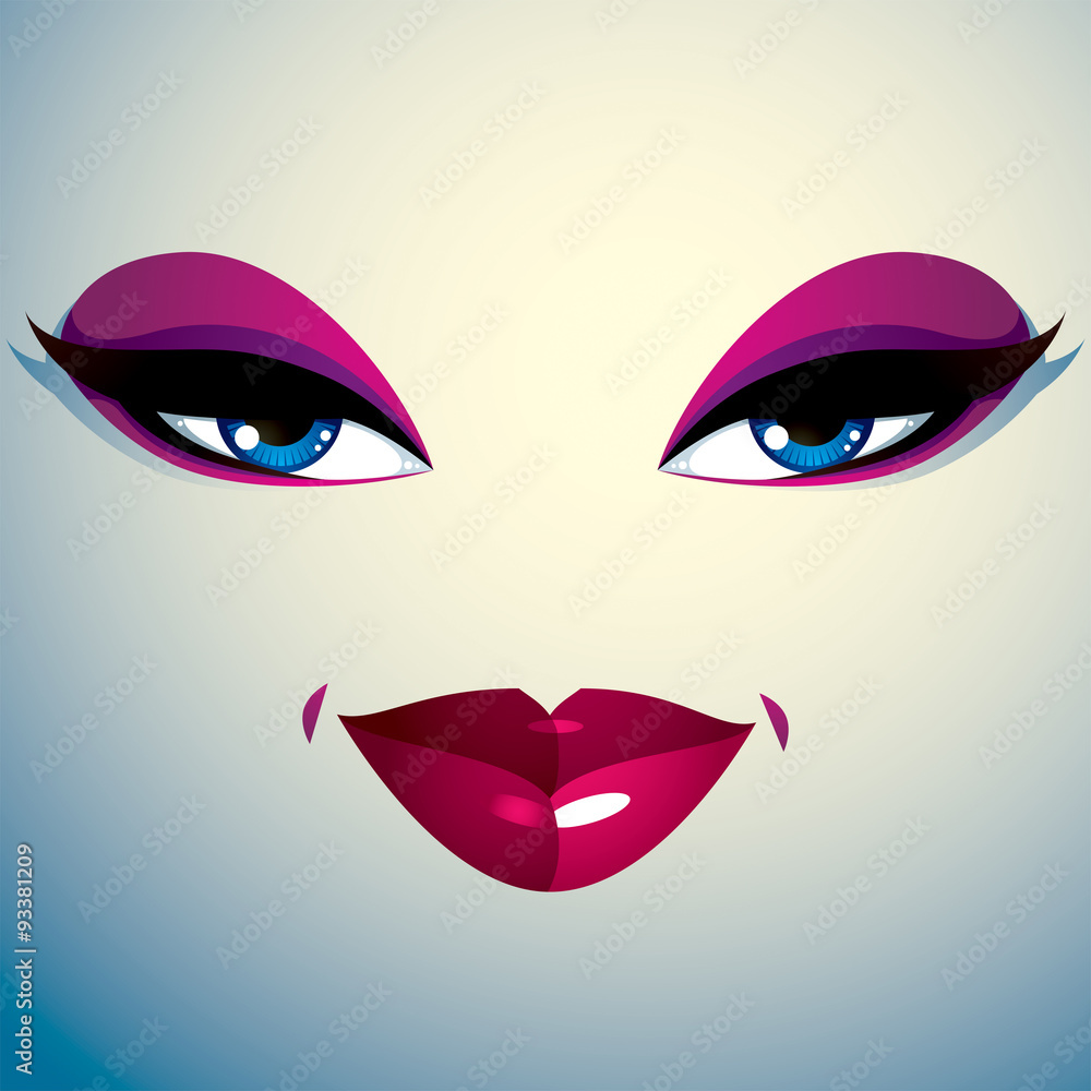 Woman eyes and lips, stylish makeup. People facial emotions Woman eyes and lips, stylish makeup. People facial emotions