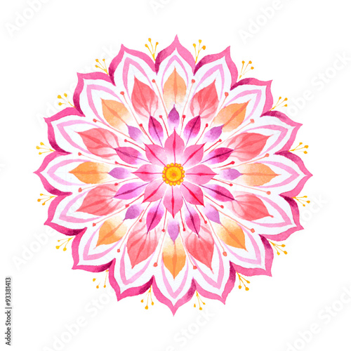 Pink flower hand drawn mandala in watercolors technique