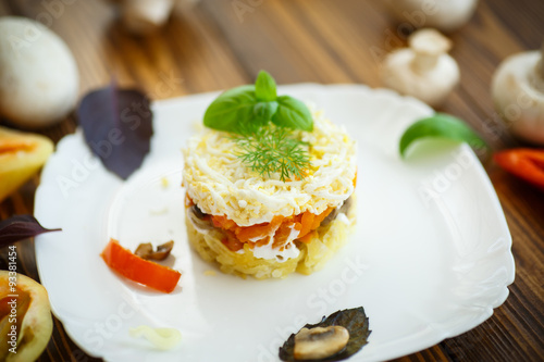layered salad with mushrooms and vegetables