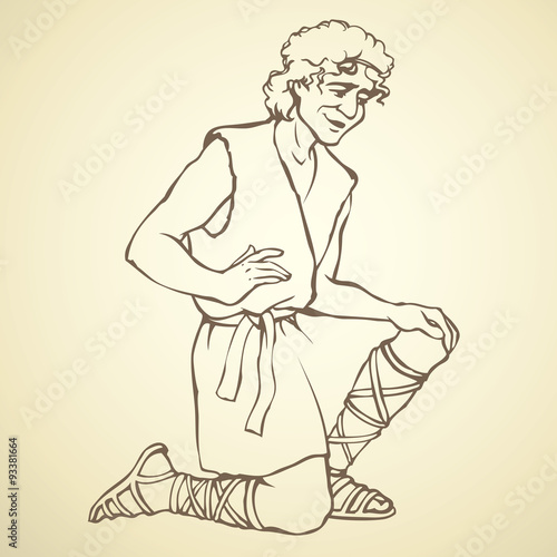 Man kneeling in ancient clothing. Vector drawing