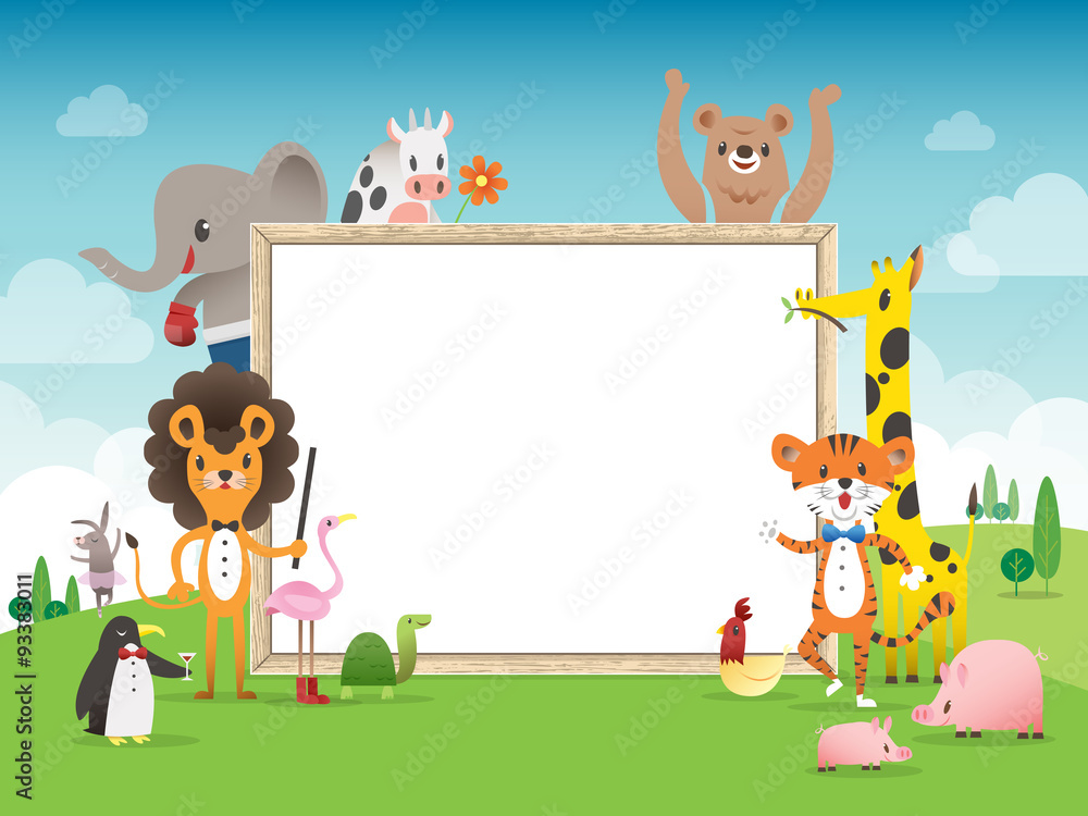 Animal cartoon frame border template with whiteboard Stock Vector