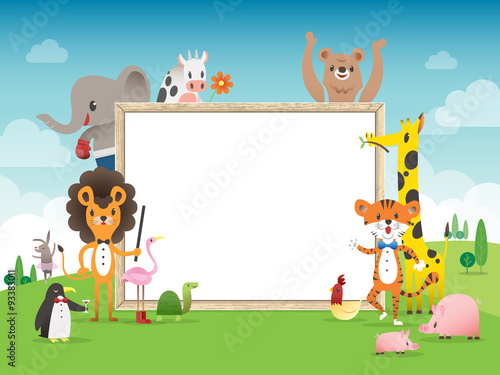 Animal cartoon frame border template with whiteboard