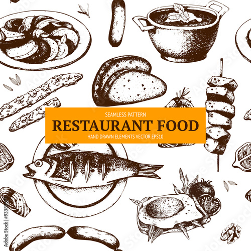 Vector menu template. Vintage food design  with sketched elements. Ink hand drawn food illustration