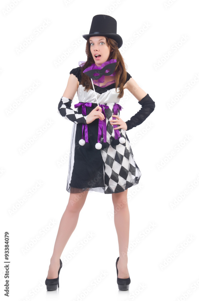 Pretty girl in jester costume with mask isolated on white Pretty girl in jester costume with mask isolated on white