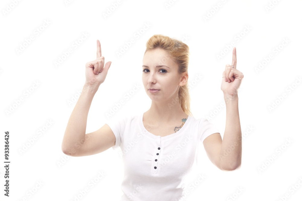 Young woman showing up isolated on white background Young woman showing up isolated on white background