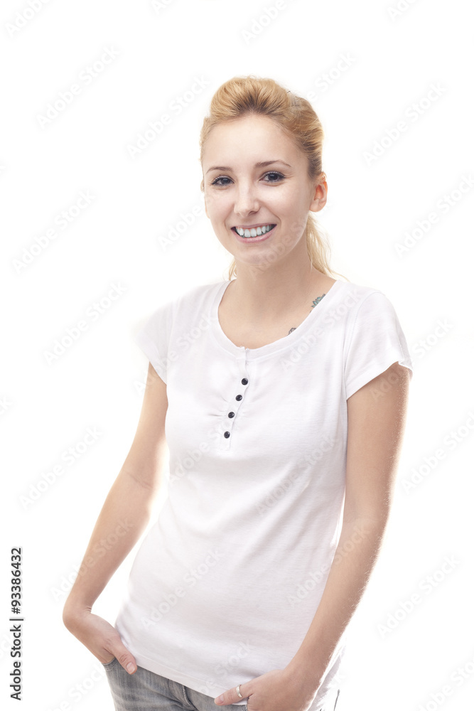 Happy woman with hand in the pocket isolated on white background Happy woman with hand in the pocket isolated on white background