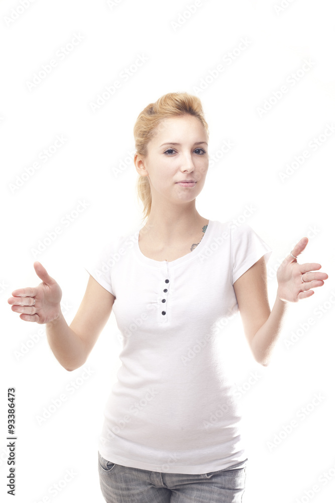 Young woman with stewardess position isolated on white backgroun Young woman with stewardess position isolated on white backgroun