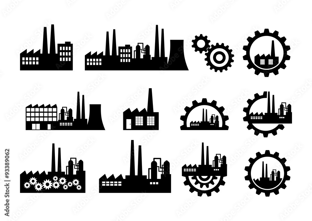 Black factory icons on white background