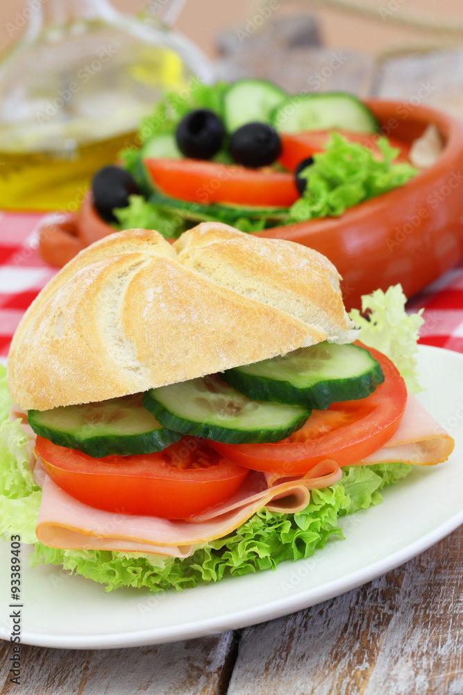 Healthy lunch consisting of ham roll and green salad
Healthy lunch consisting of ham roll and green salad