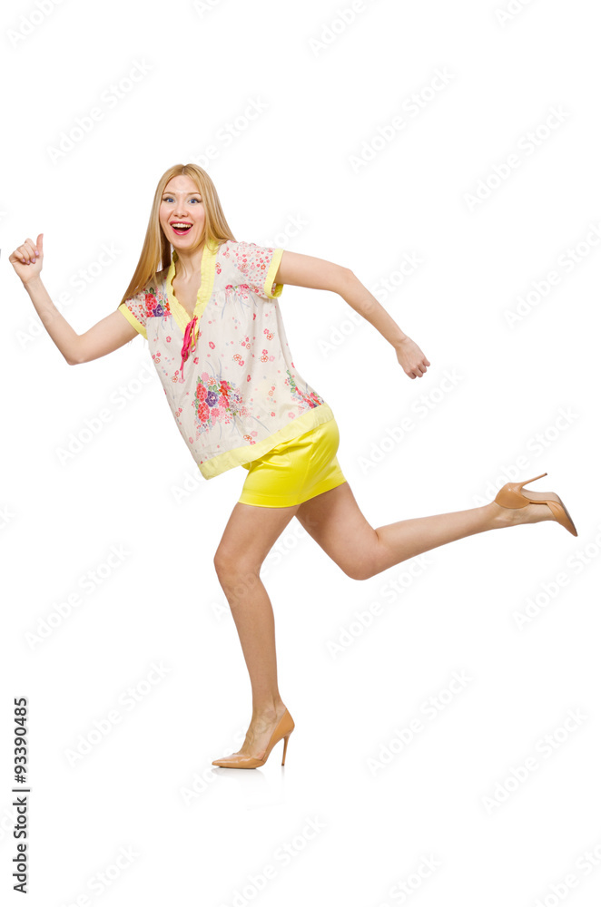 Woman in yellow clothing isolated on white Woman in yellow clothing isolated on white
