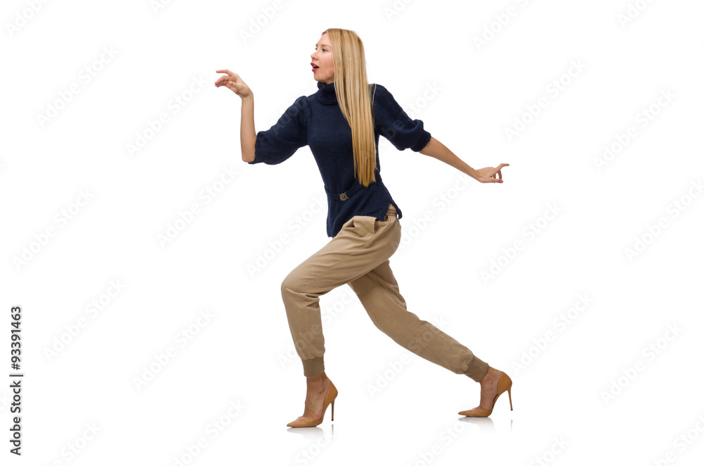 Tall woman in blue pullover isolated on white Tall woman in blue pullover isolated on white