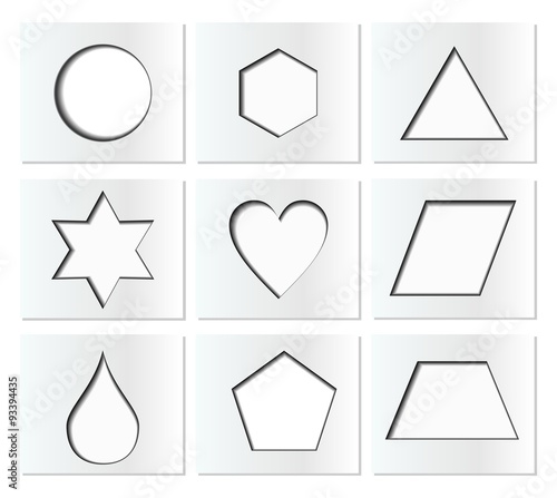 Template for simple geometric shapes with inner shadow - circle, hexagon, triangle, star, heart, drop, pentagon, trapezoid, rhomboid. Nine isolated paper cut blocks.