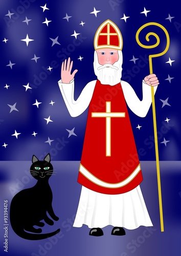 Santa Nicolas and black cat on night background with stars photo