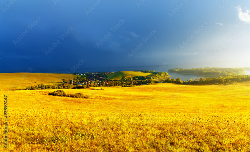 Beautiful landscape, yellow meadow and lake with mountain