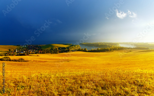 Beautiful landscape, yellow meadow and lake with mountain