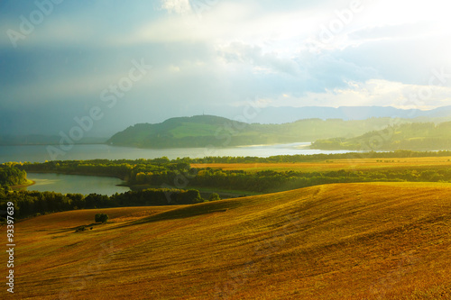 Beautiful landscape, yellow meadow and lake with mountains 
