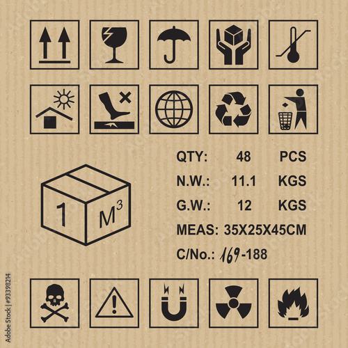Cargo symbols on cardboard texture. Handling, packing and caution signs