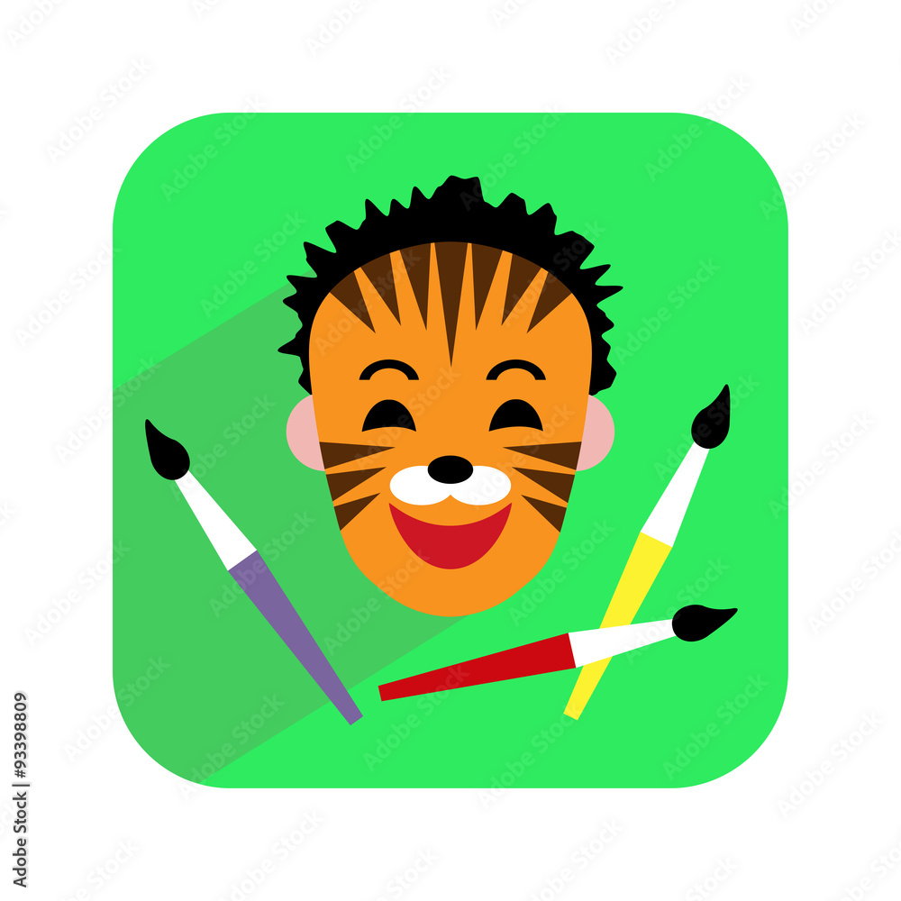 Colorful icon. Face painting. Child with painted face and brushes