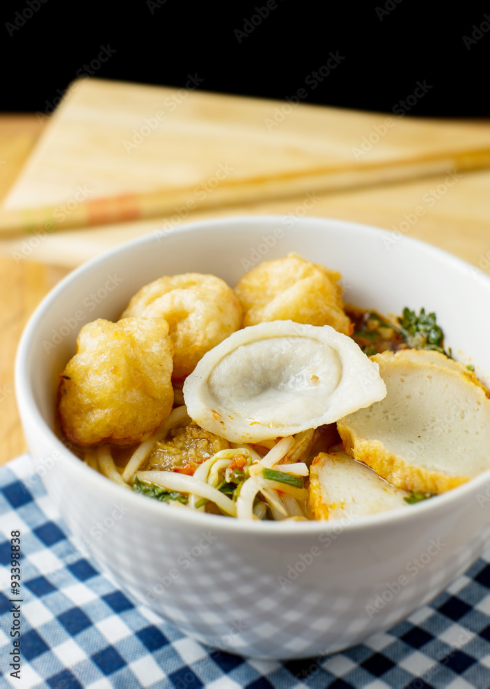 Thai Noodle tomyum soup with fish ball