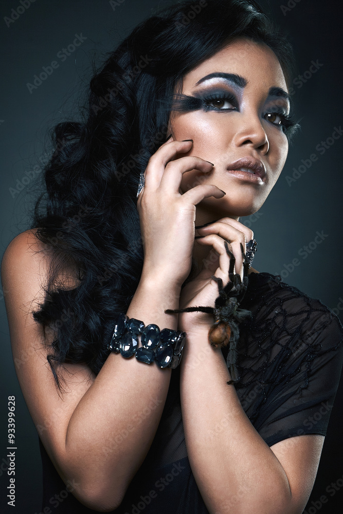 portrait of beautiful asian girl with spider portrait of beautiful asian girl with spider