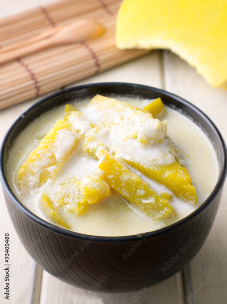 Thai style dessert, hot pumpkin in coconut cream Thai style dessert, hot pumpkin in coconut cream