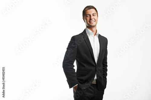 young business man holding isolated on white background