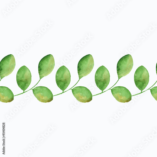 Watercolor branch with leaves. Seamless border. Vector background